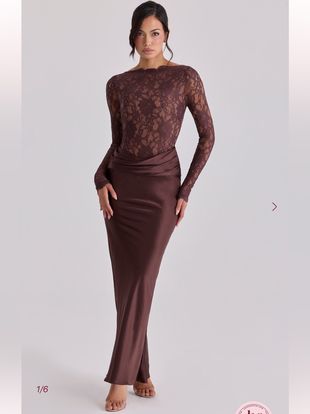 House of CB Chocolate Brown Long Sleeve Lace & Satin Gown
